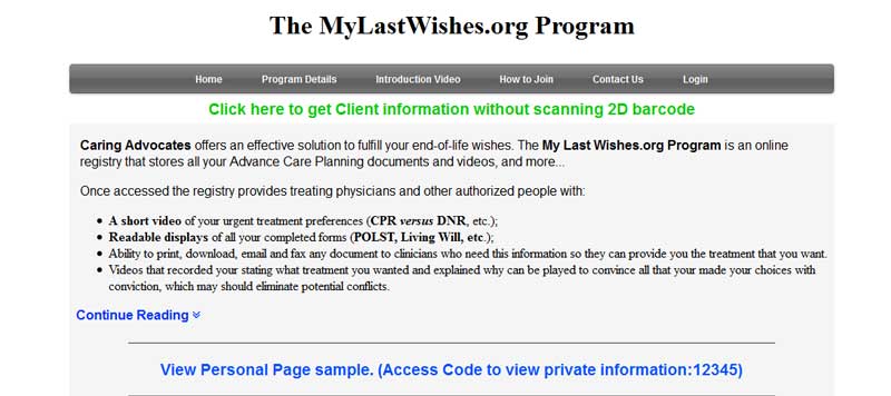 Information and client site to store end of life wishes, documents and videos.